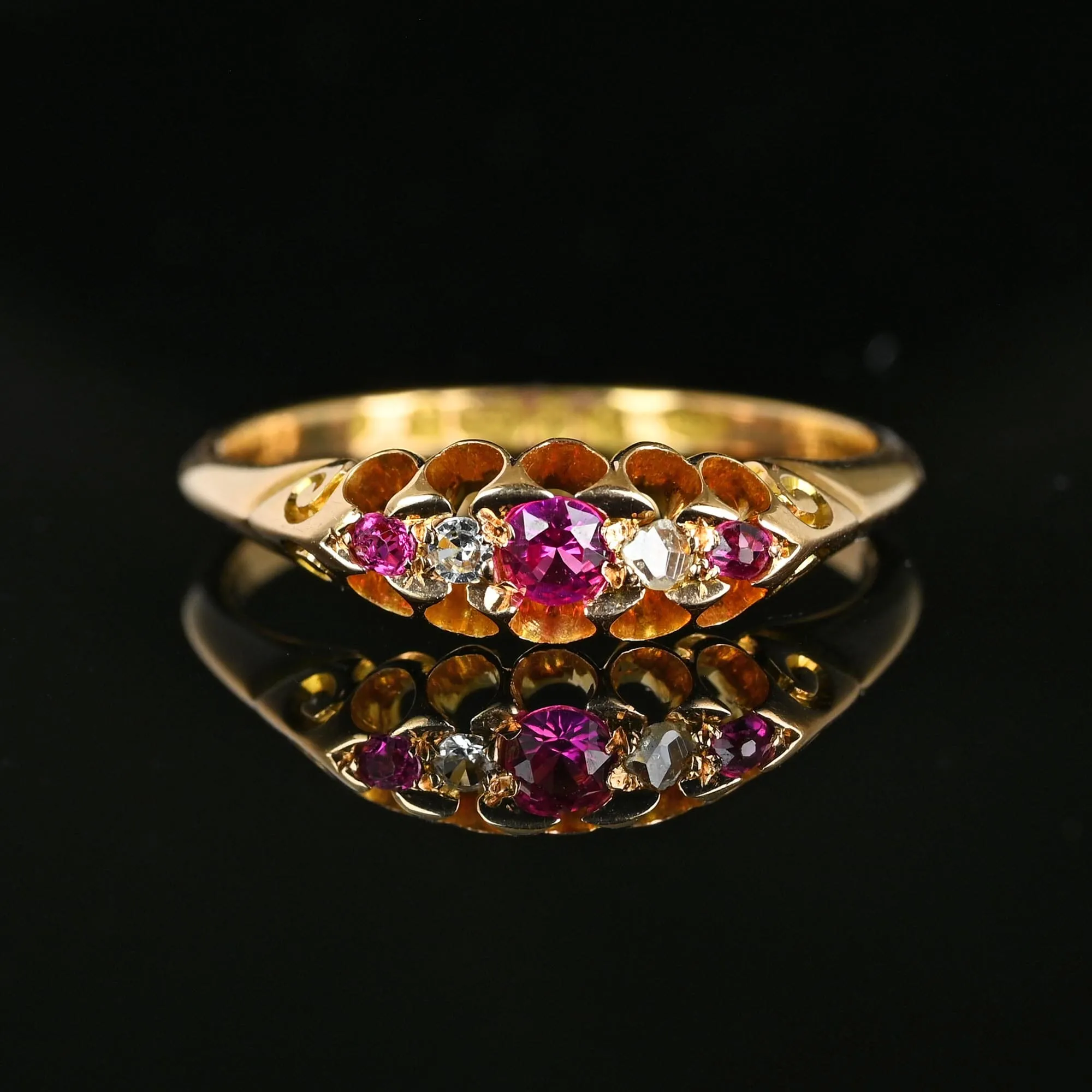 Antique Chester 15K Gold Rose Cut Diamond Ruby Ring