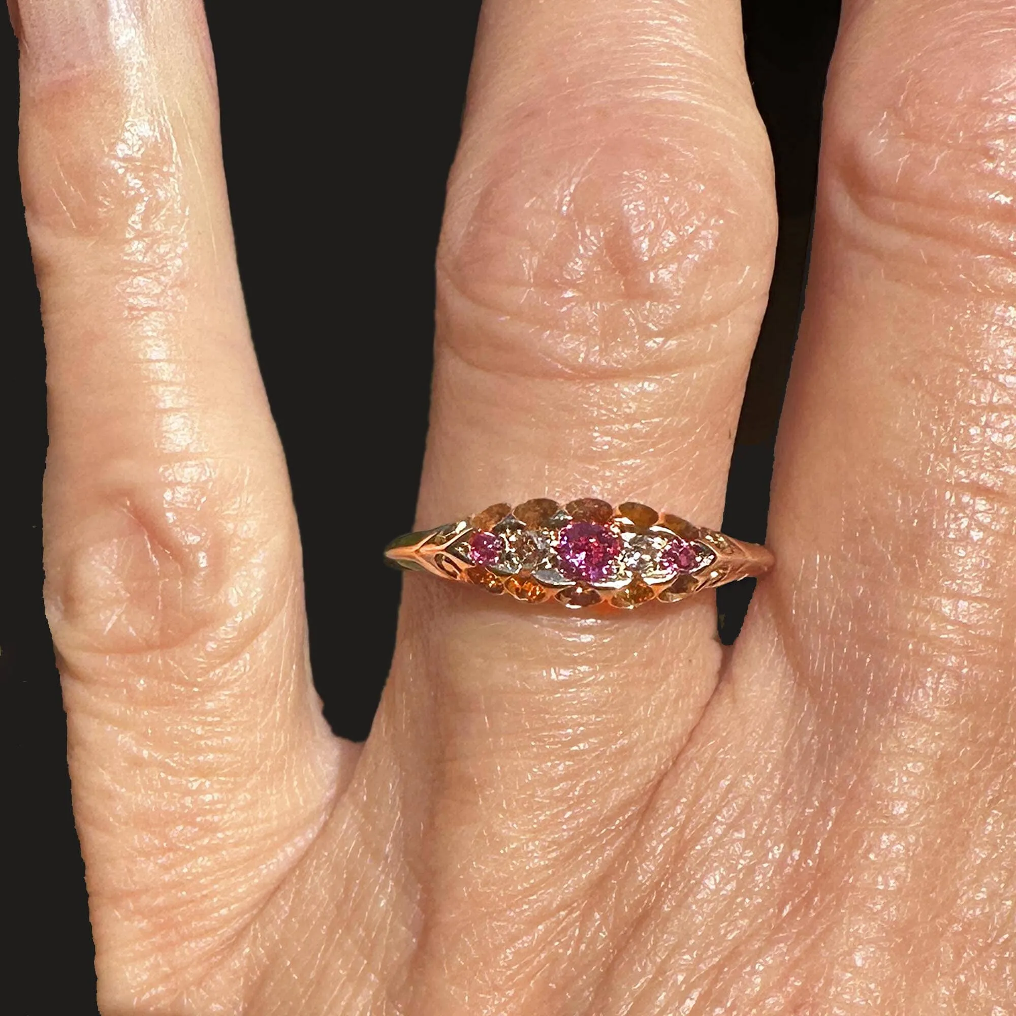 Antique Chester 15K Gold Rose Cut Diamond Ruby Ring