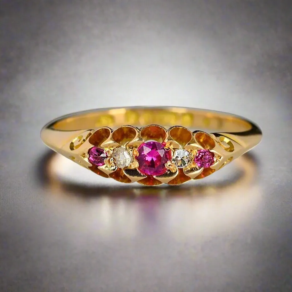 Antique Chester 15K Gold Rose Cut Diamond Ruby Ring