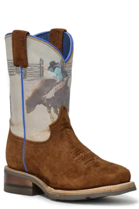 Boys Roper Brown Suede Square Toe Boot w/ Bull Rider Design & Rubber Sole