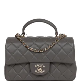 Chanel Mini Rectangular Flap Bag with Top Handle Dark Grey Lambskin Light Gold Hardware