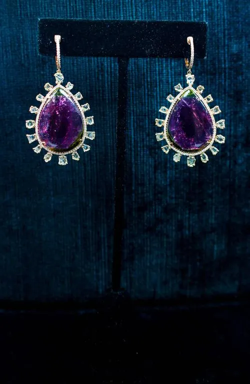 DIAMOND with Purple Tourmaline and 14 Karat Rose Gold Dangle Earrings