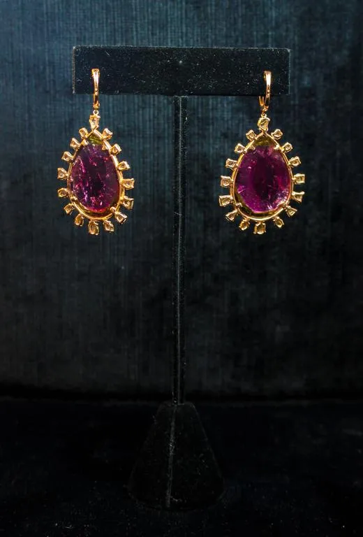 DIAMOND with Purple Tourmaline and 14 Karat Rose Gold Dangle Earrings