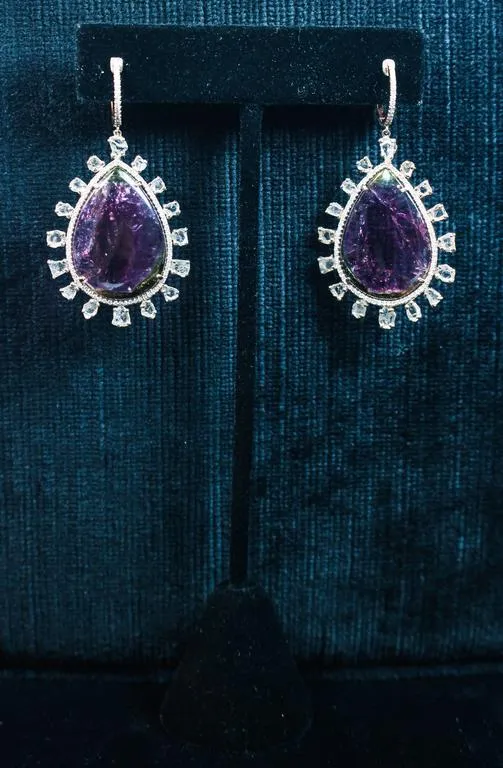 DIAMOND with Purple Tourmaline and 14 Karat Rose Gold Dangle Earrings
