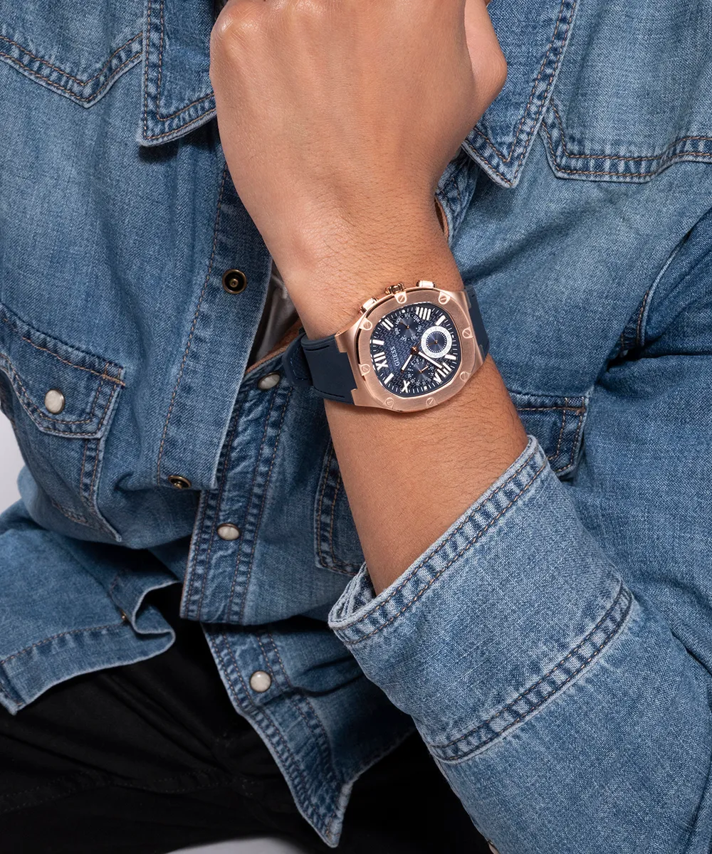 GUESS Mens Navy Rose Gold Tone Multi-function Watch