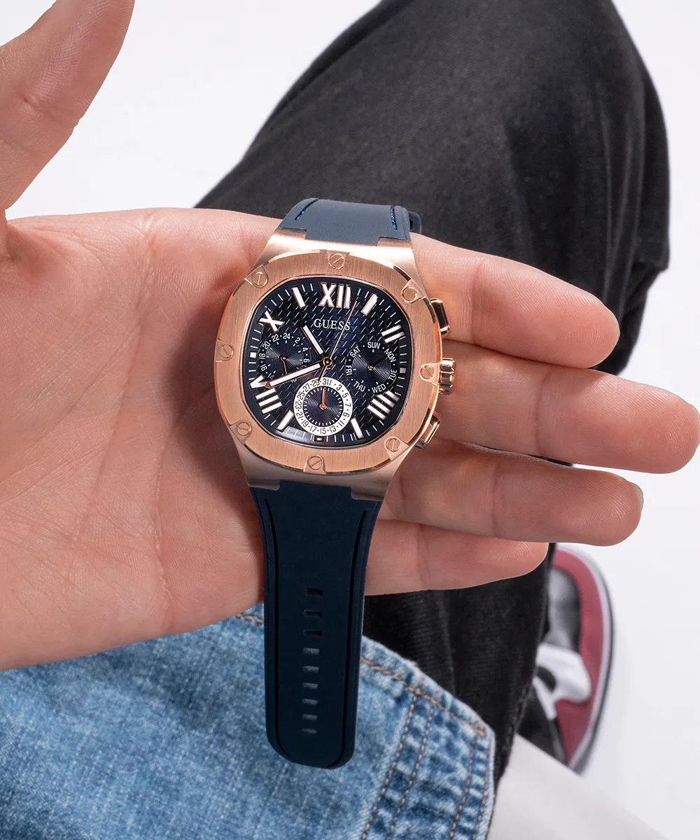 GUESS Mens Navy Rose Gold Tone Multi-function Watch