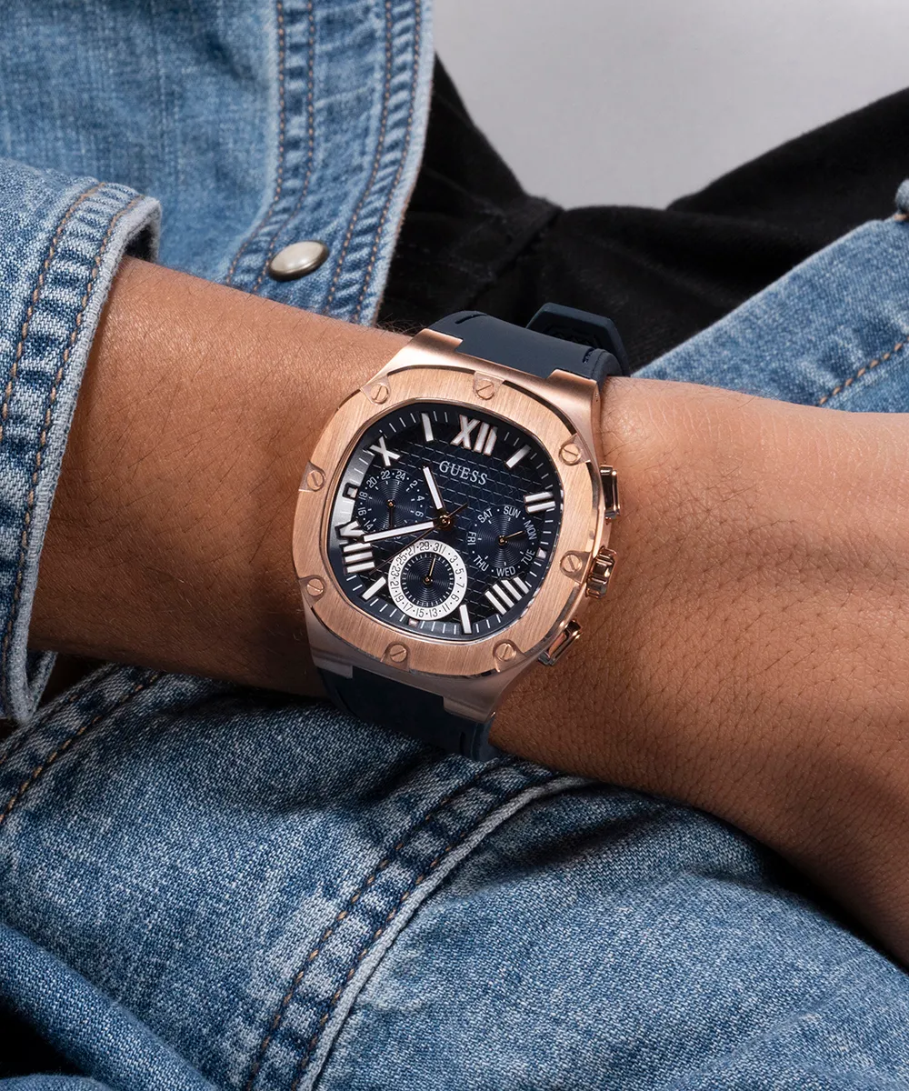 GUESS Mens Navy Rose Gold Tone Multi-function Watch