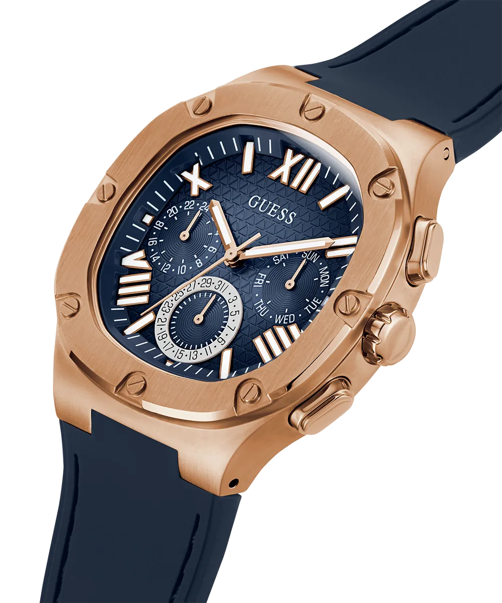 GUESS Mens Navy Rose Gold Tone Multi-function Watch