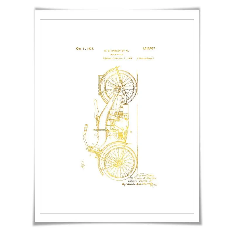 Harley Motorcycle Vintage Patent Gold Foil Art Print. 7 Foil Colours. Motorbike Poster. Biking Art Print