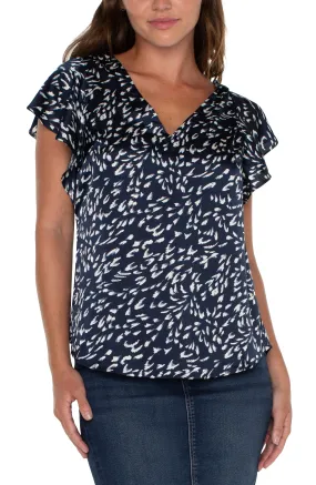 Liverpool Double V Neck Flutter Sleeve Top (Navy Multi Print)