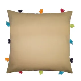 Lushomes cushion cover 12x12, boho cushion covers, sofa pillow cover, cushion covers with tassels, cushion cover with pom pom (12x12 Inches, Set of 1, Beige)
