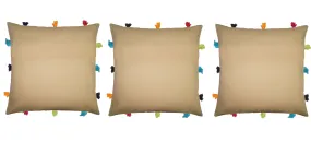 Lushomes cushion cover 12x12, boho cushion covers, sofa pillow cover, cushion covers with tassels, cushion cover with pom pom (12x12 Inches, Set of 3, Beige)