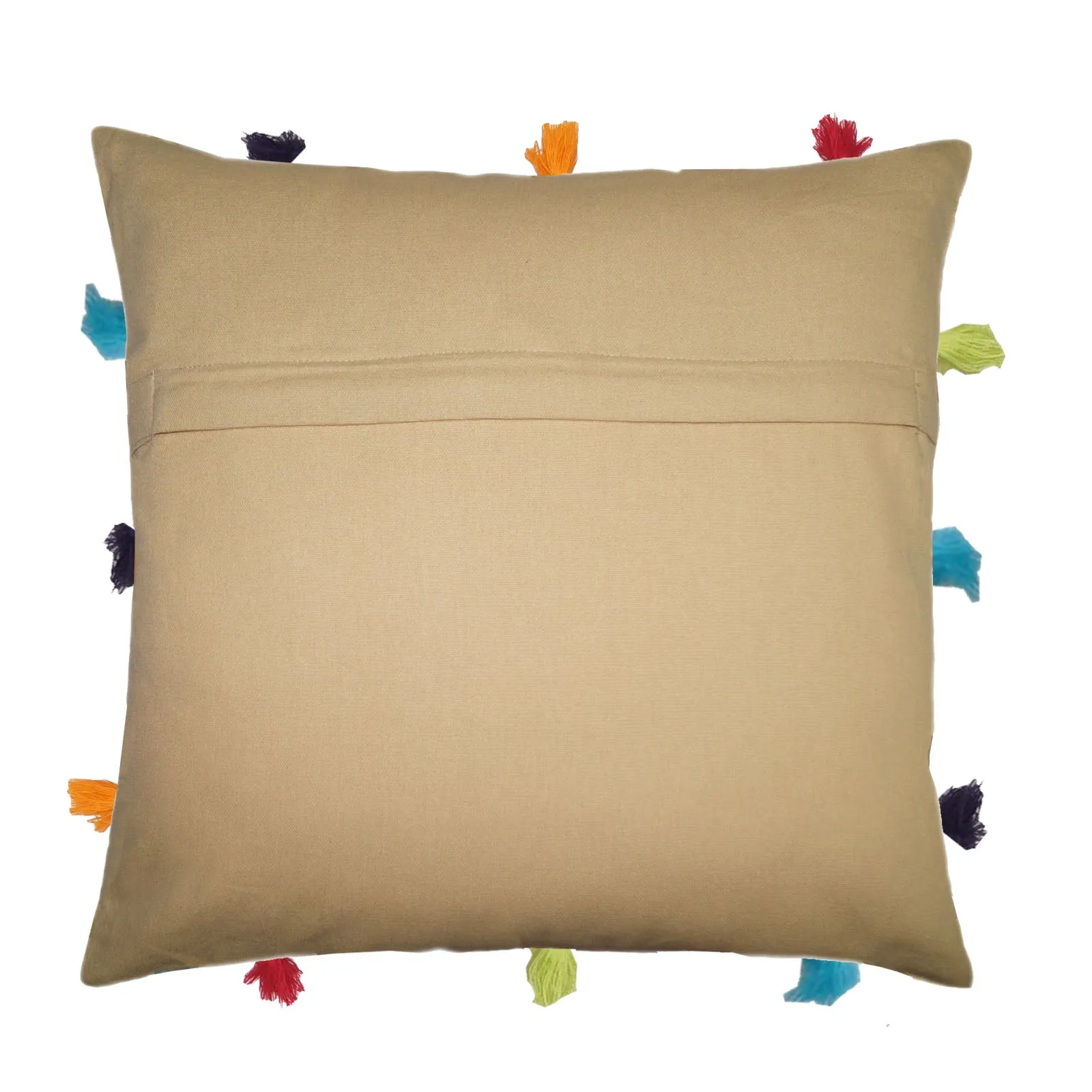 Lushomes cushion cover 12x12, boho cushion covers, sofa pillow cover, cushion covers with tassels, cushion cover with pom pom (12x12 Inches, Set of 3, Beige)