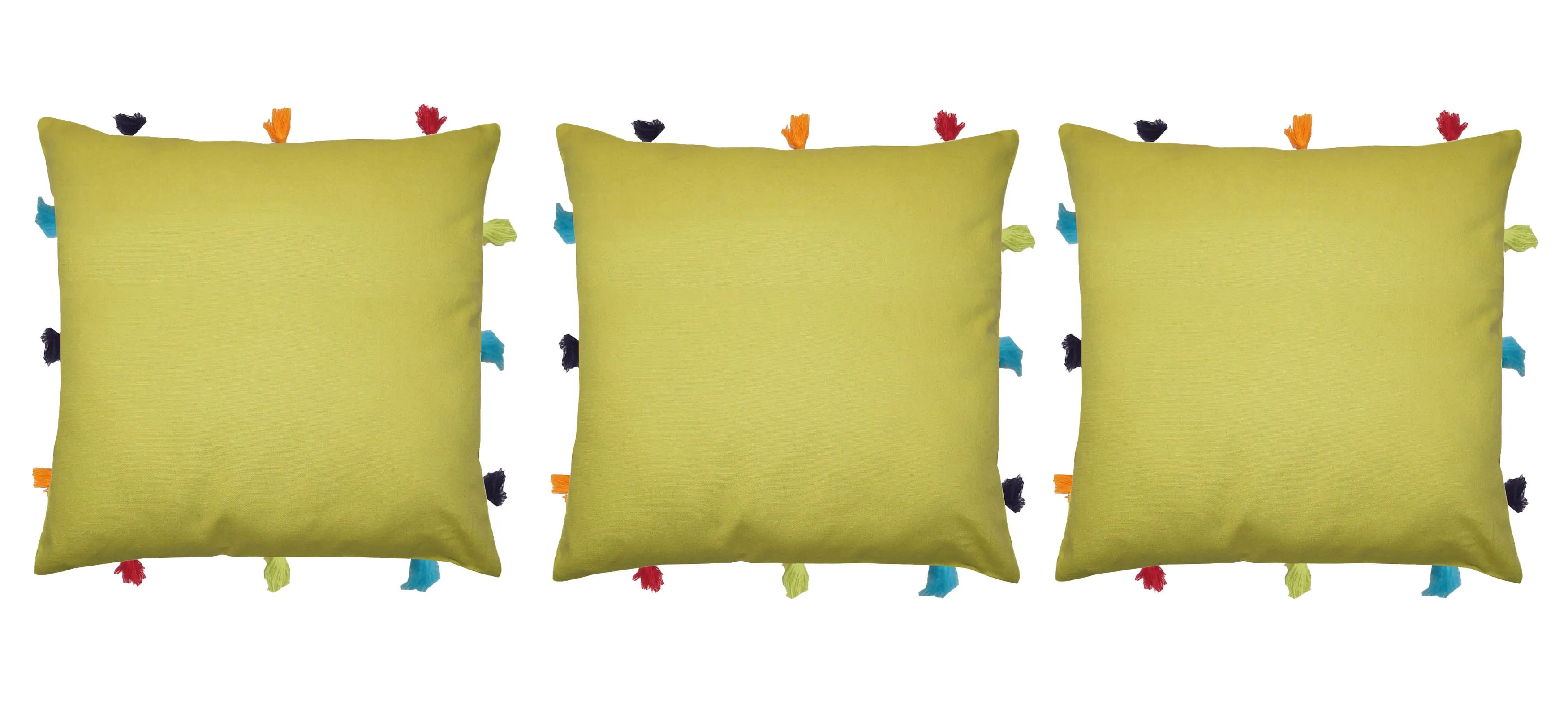 Lushomes cushion cover 12x12, boho cushion covers, sofa pillow cover, cushion covers with tassels, cushion cover with pom pom (12x12 Inches, Set of 3, Green)