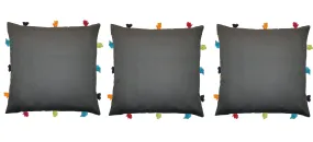 Lushomes cushion cover 12x12, boho cushion covers, sofa pillow cover, cushion covers with tassels, cushion cover with pom pom (12x12 Inches, Set of 3, Grey)