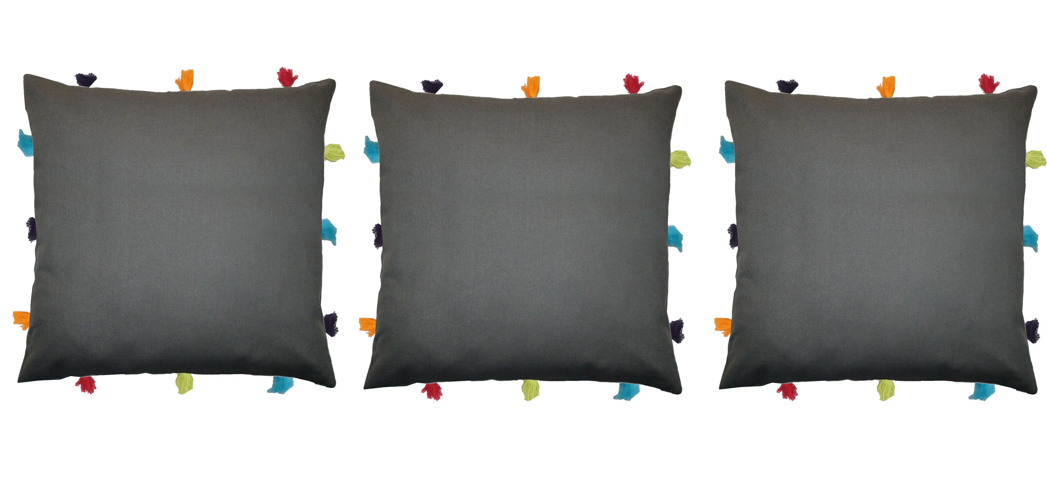 Lushomes cushion cover 12x12, boho cushion covers, sofa pillow cover, cushion covers with tassels, cushion cover with pom pom (12x12 Inches, Set of 3, Grey)