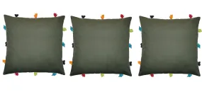 Lushomes cushion cover 12x12, boho cushion covers, sofa pillow cover, cushion covers with tassels, cushion cover with pom pom (12x12 Inches, Set of 3, Olive Green)