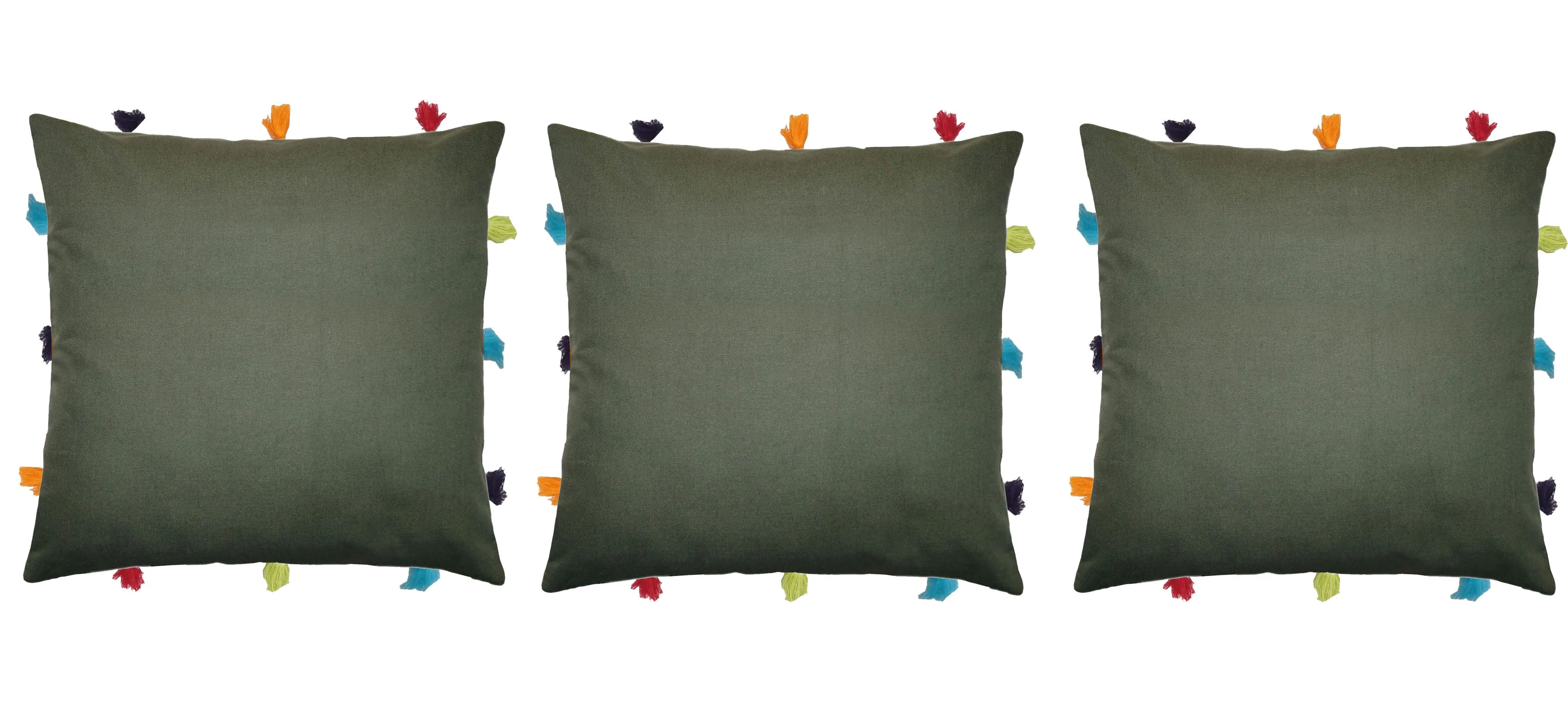 Lushomes cushion cover 12x12, boho cushion covers, sofa pillow cover, cushion covers with tassels, cushion cover with pom pom (12x12 Inches, Set of 3, Olive Green)