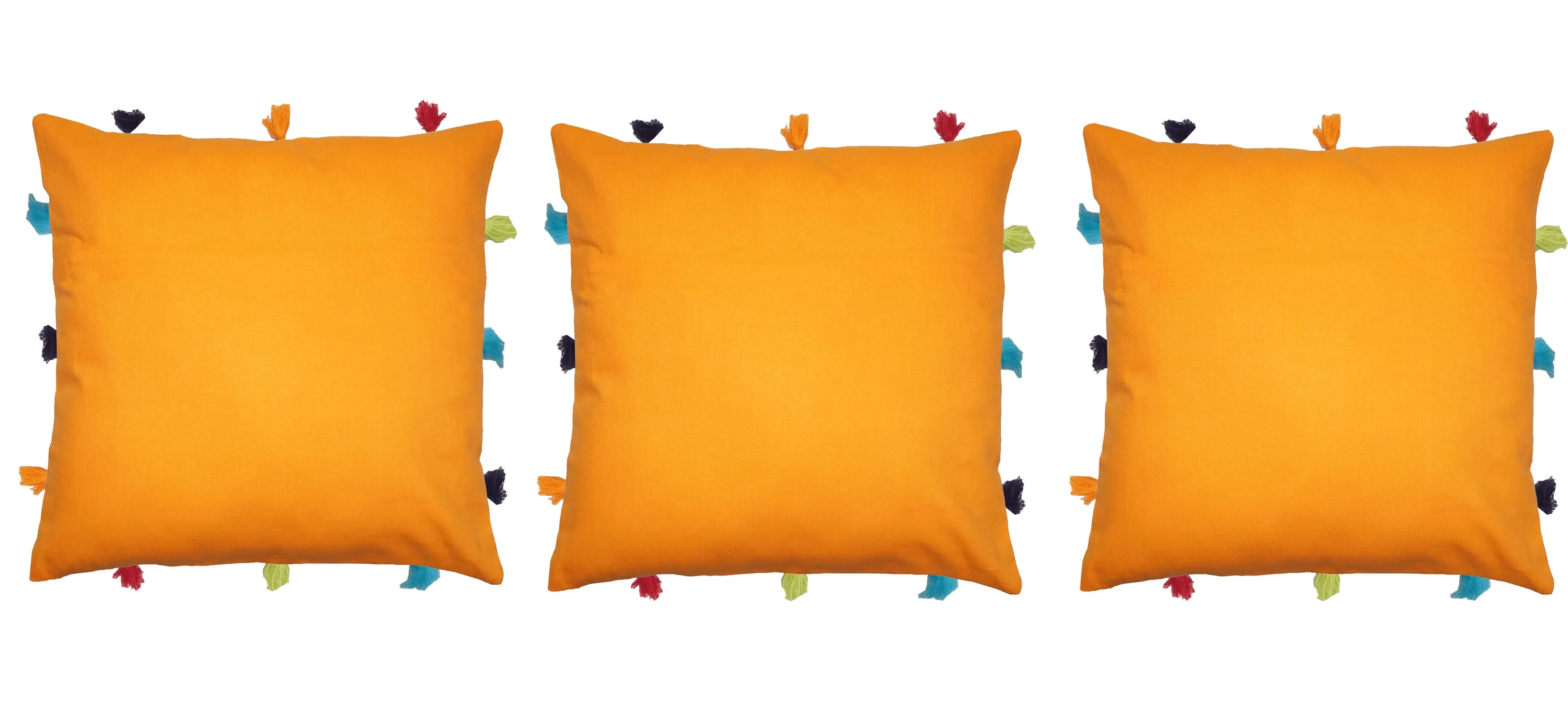 Lushomes cushion cover 12x12, boho cushion covers, sofa pillow cover, cushion covers with tassels, cushion cover with pom pom (12x12 Inches, Set of 3, orange)