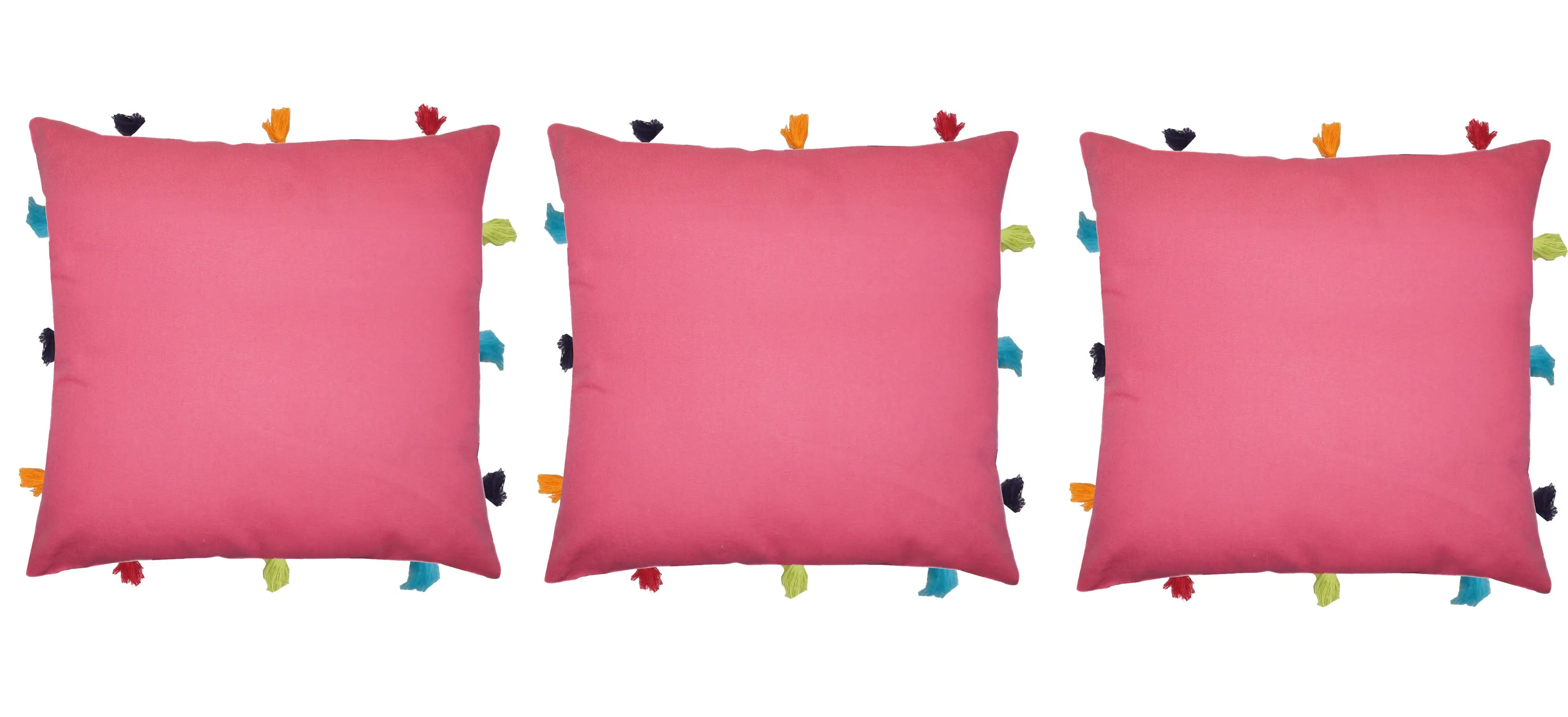 Lushomes cushion cover 12x12, boho cushion covers, sofa pillow cover, cushion covers with tassels, cushion cover with pom pom (12x12 Inches, Set of 3, Pink)