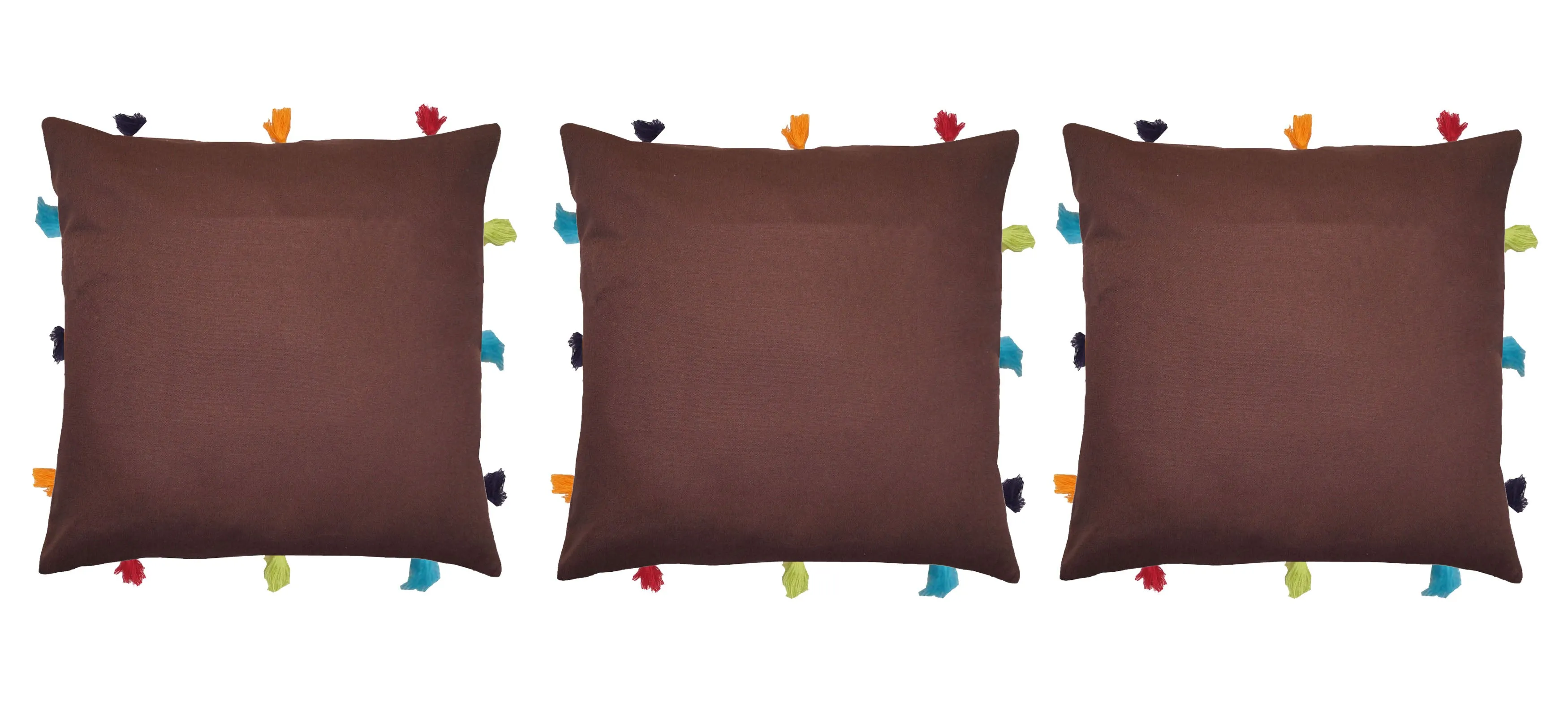 Lushomes cushion cover 12x12, boho cushion covers, sofa pillow cover, cushion covers with tassels, cushion cover with pom pom (12x12 Inches, Set of 3,Brown )