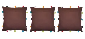 Lushomes cushion cover 12x12, boho cushion covers, sofa pillow cover, cushion covers with tassels, cushion cover with pom pom (12x12 Inches, Set of 3,Brown )