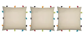 Lushomes cushion cover 12x12, boho cushion covers, sofa pillow cover, cushion covers with tassels, cushion cover with pom pom (12x12 Inches, Set of 3,Off White )