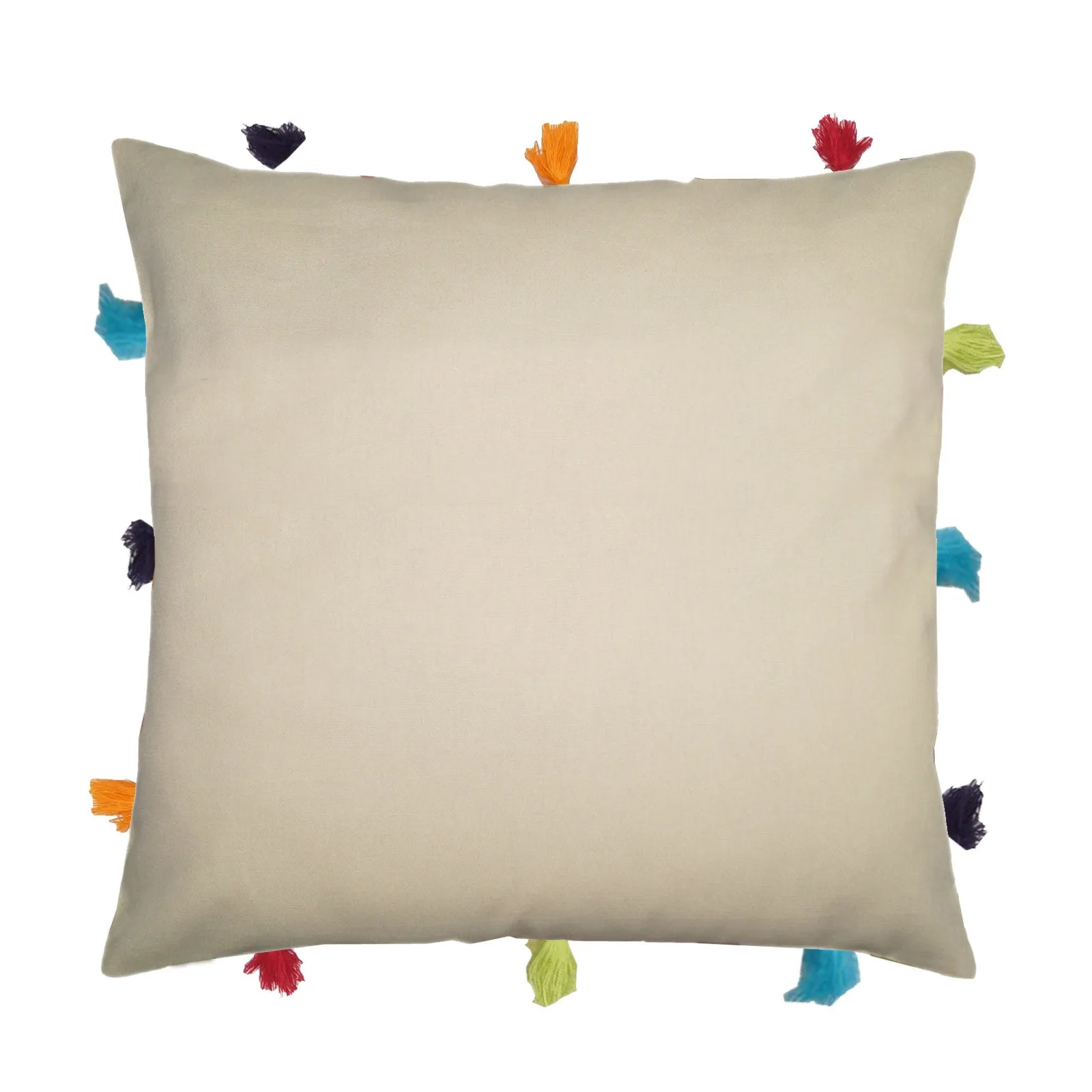 Lushomes cushion cover 12x12, boho cushion covers, sofa pillow cover, cushion covers with tassels, cushion cover with pom pom (12x12 Inches, Set of 3,Off White )