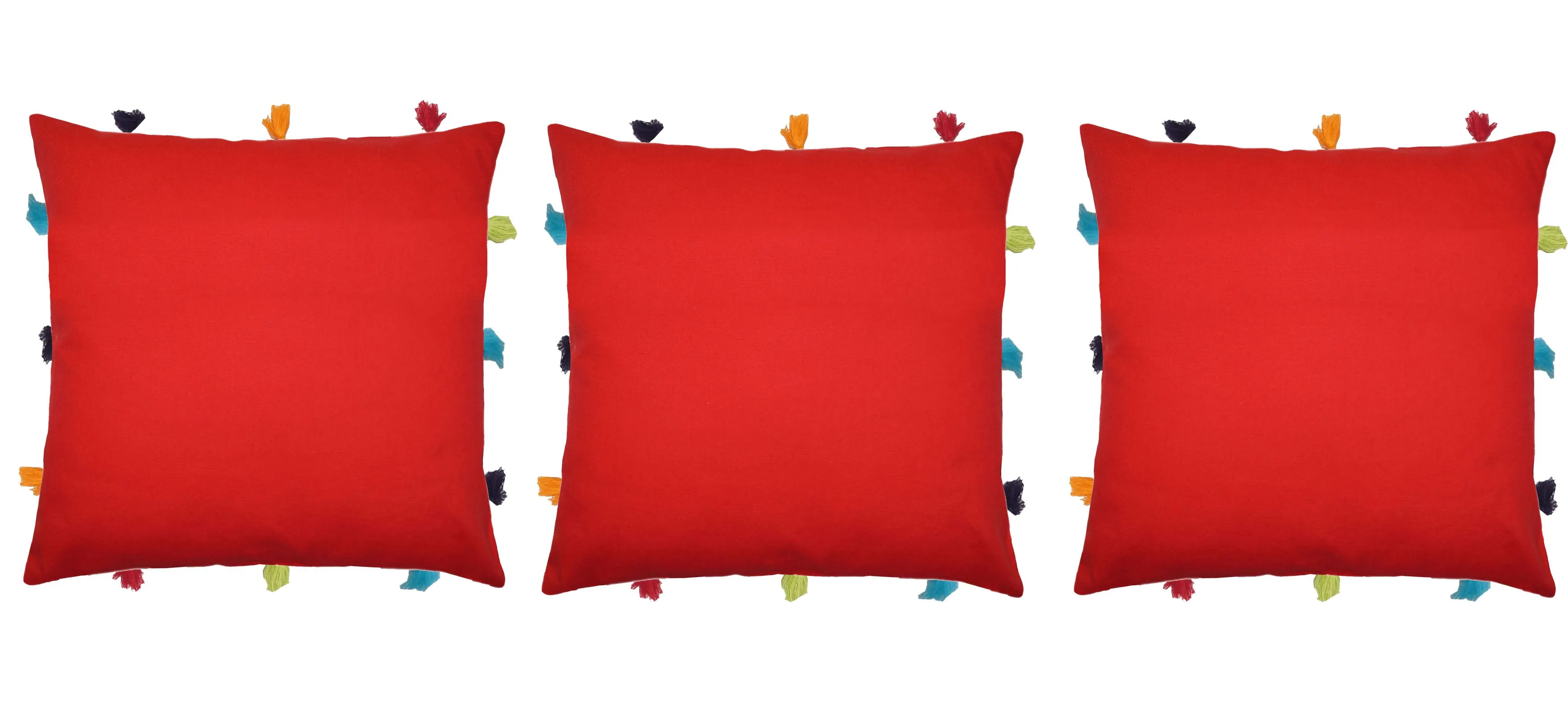Lushomes cushion cover 12x12, boho cushion covers, sofa pillow cover, cushion covers with tassels, cushion cover with pom pom (12x12 Inches, Set of 3,Red)