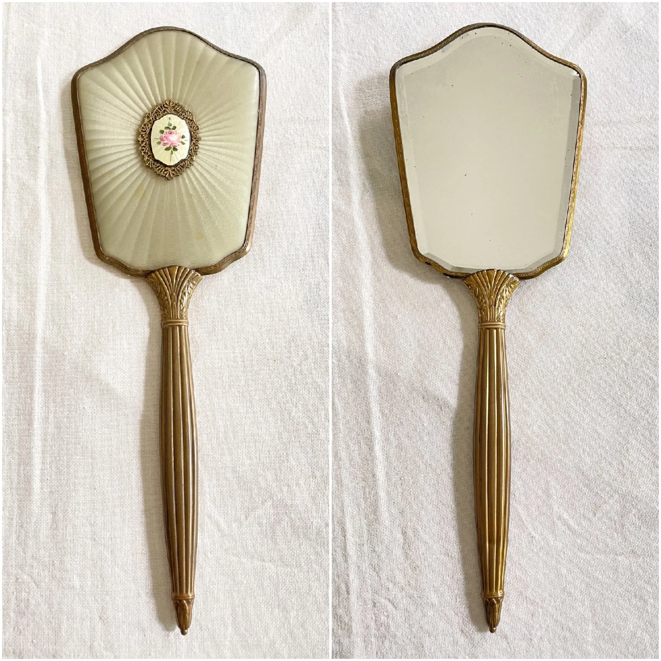 SOLD Vintage 20s-30s Hand Mirror, Guilloche Enamel Detail