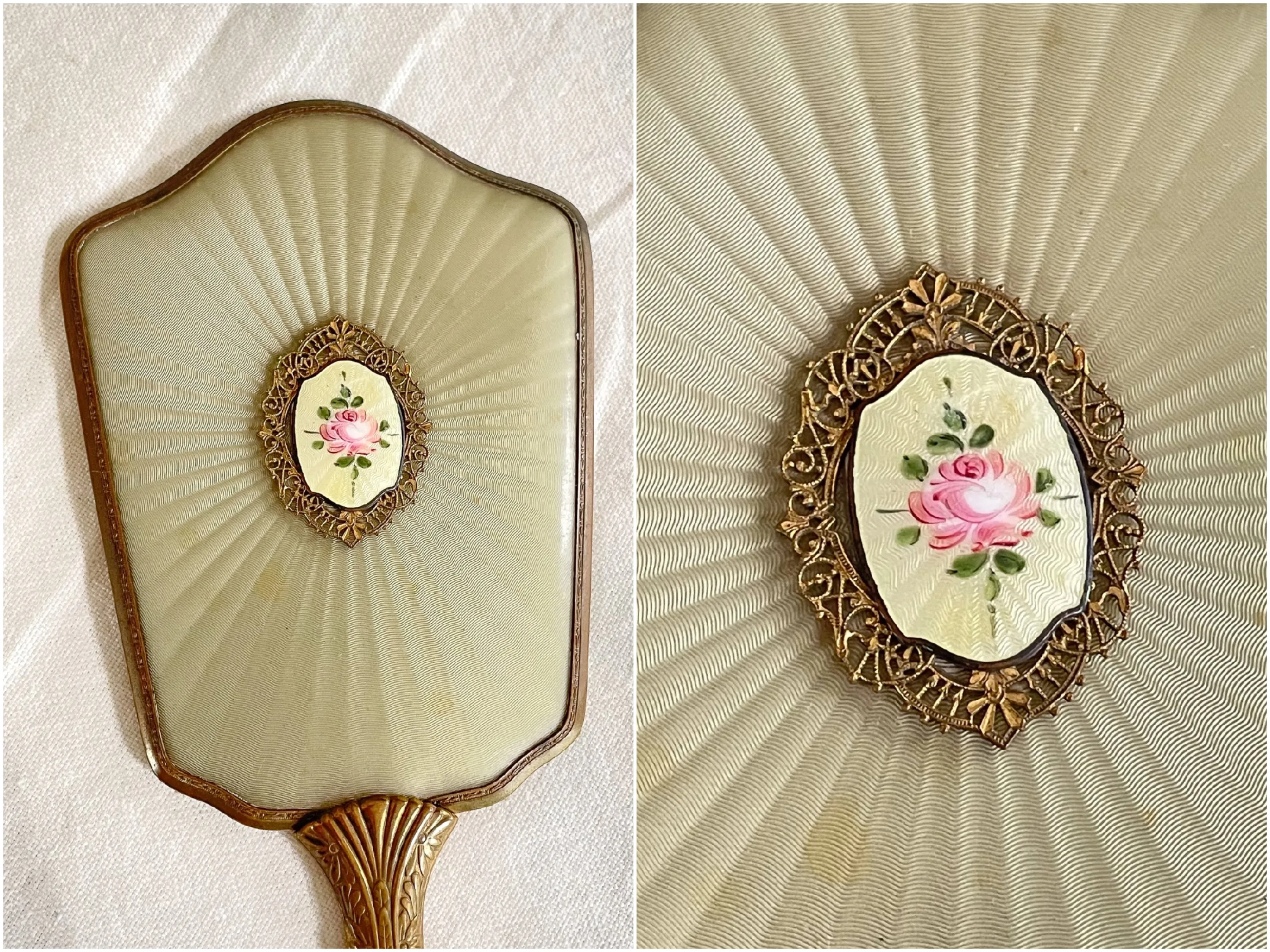 SOLD Vintage 20s-30s Hand Mirror, Guilloche Enamel Detail