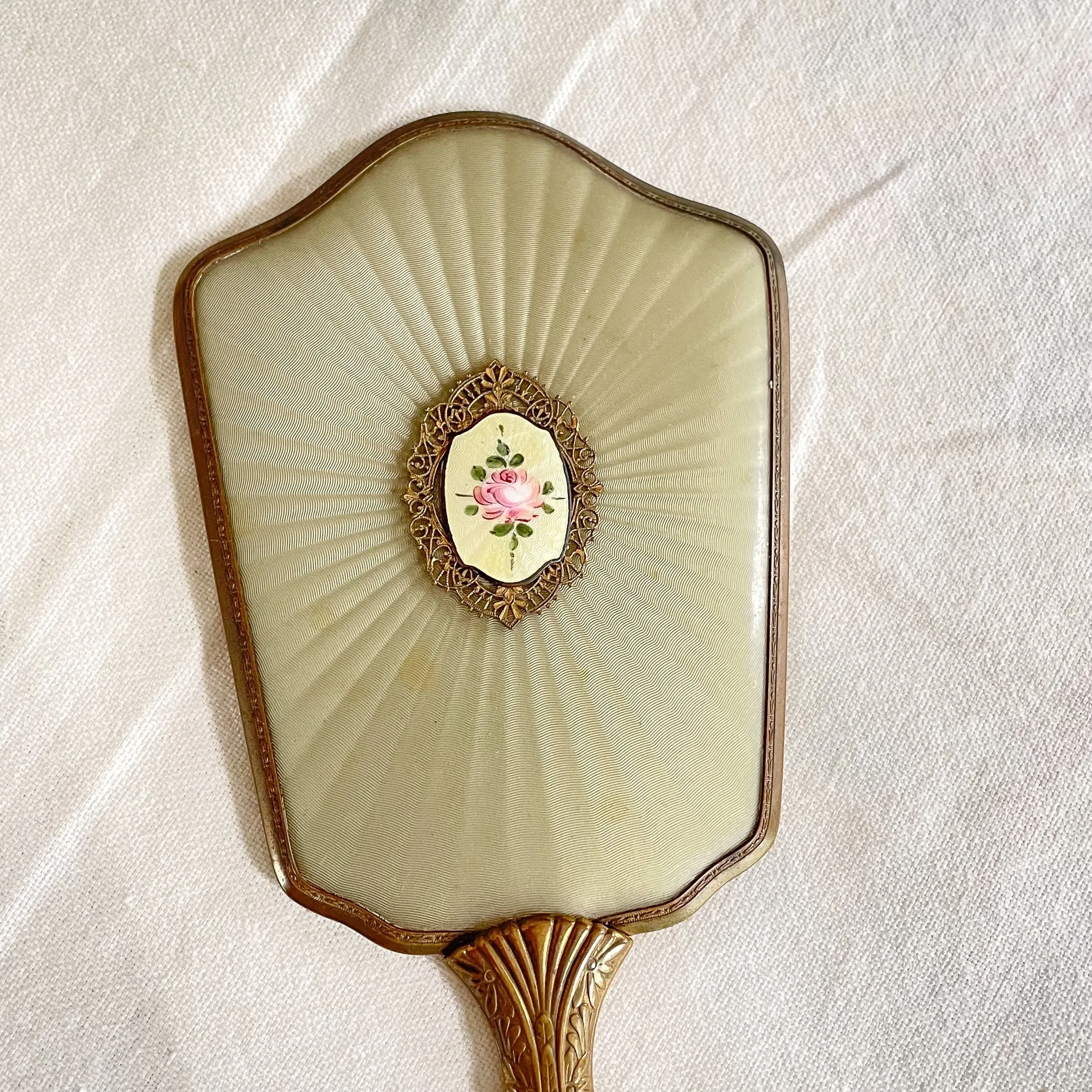 SOLD Vintage 20s-30s Hand Mirror, Guilloche Enamel Detail