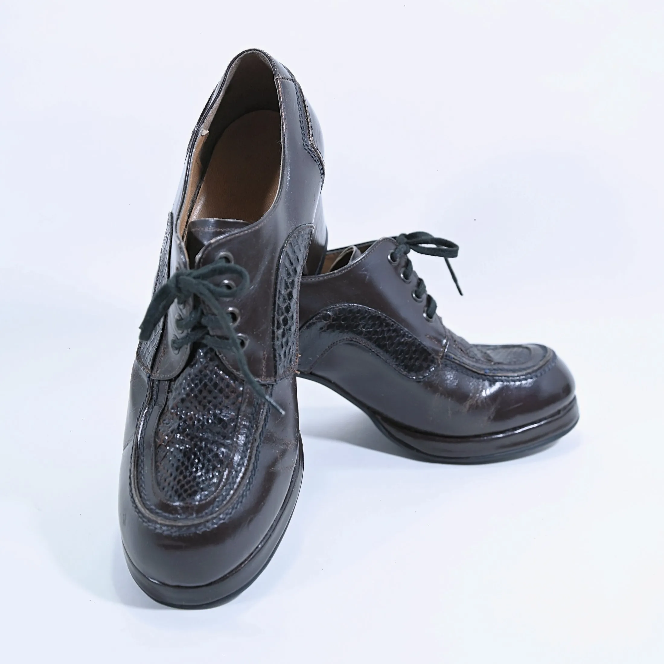 SOLD Vintage 70s Mens Brown Leather/Snake Platform Disco Shoes SZ 9-9.5