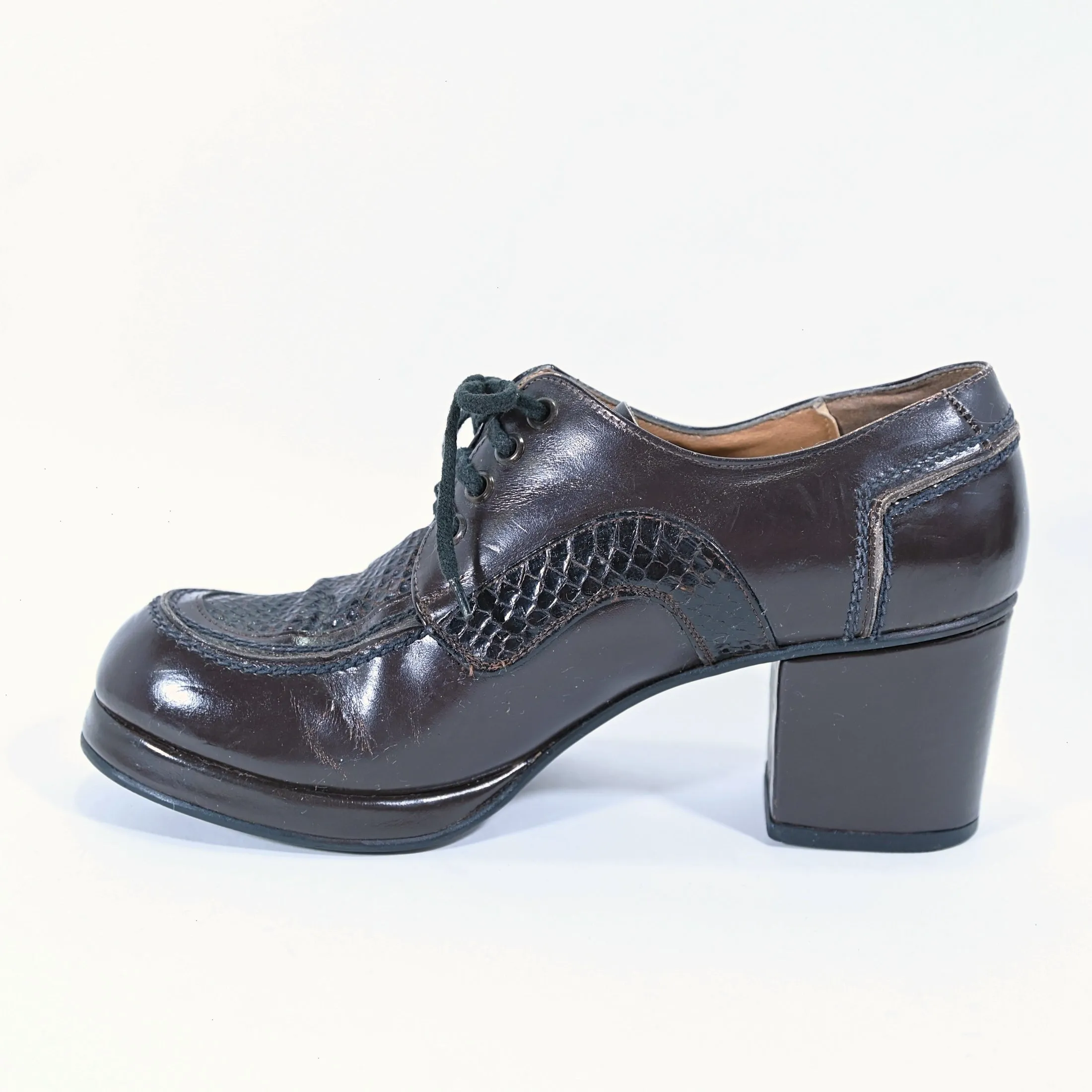 SOLD Vintage 70s Mens Brown Leather/Snake Platform Disco Shoes SZ 9-9.5