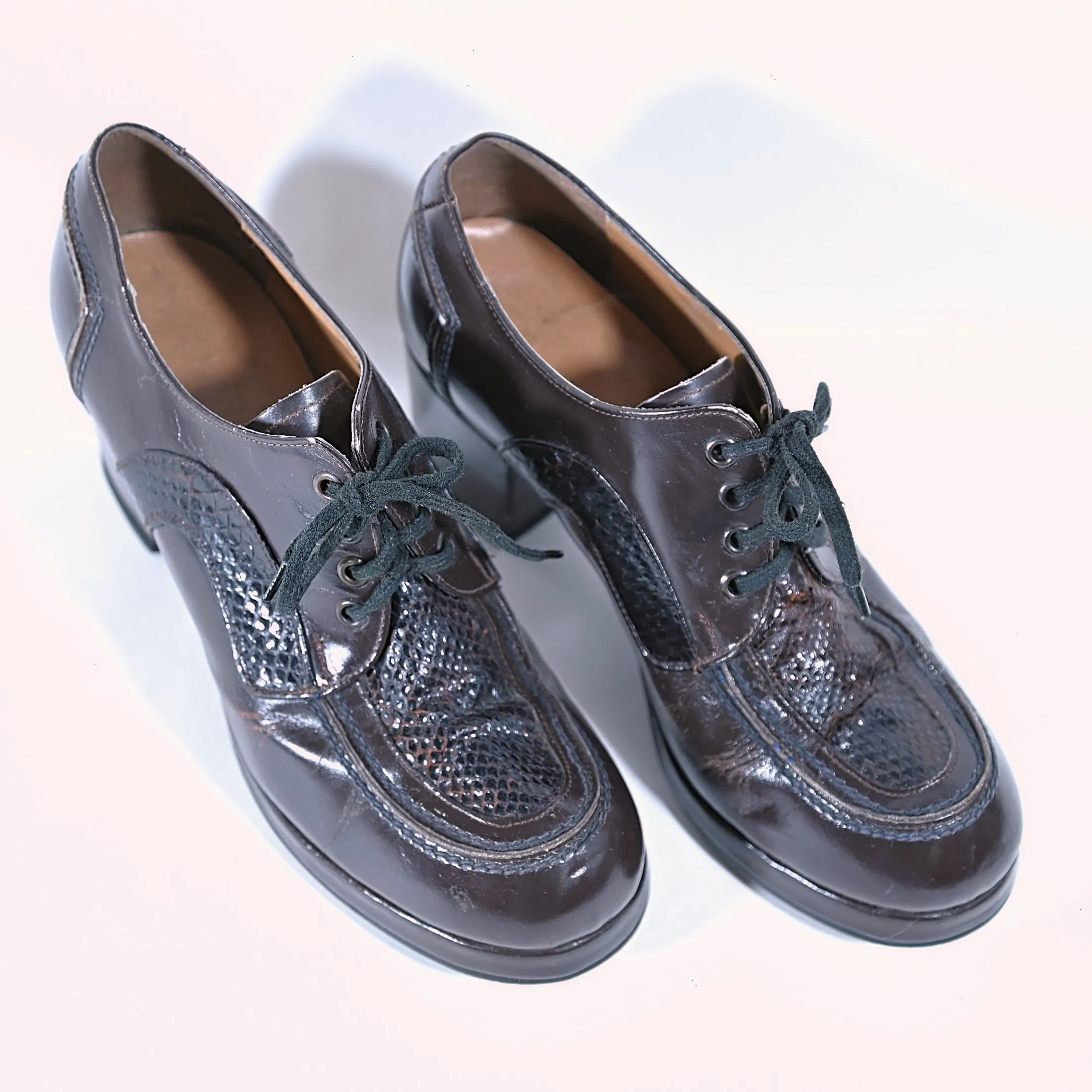 SOLD Vintage 70s Mens Brown Leather/Snake Platform Disco Shoes SZ 9-9.5