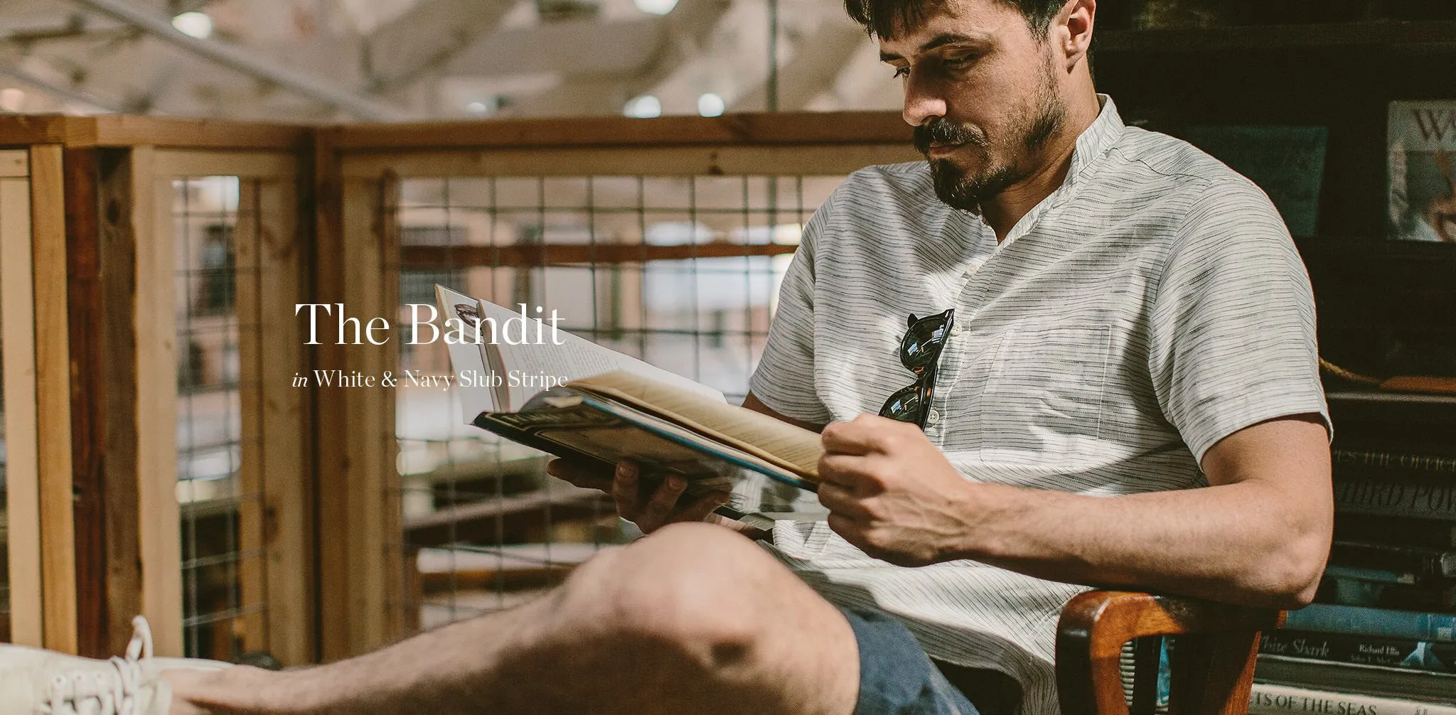 The Bandit in White & Navy Slub Stripe
