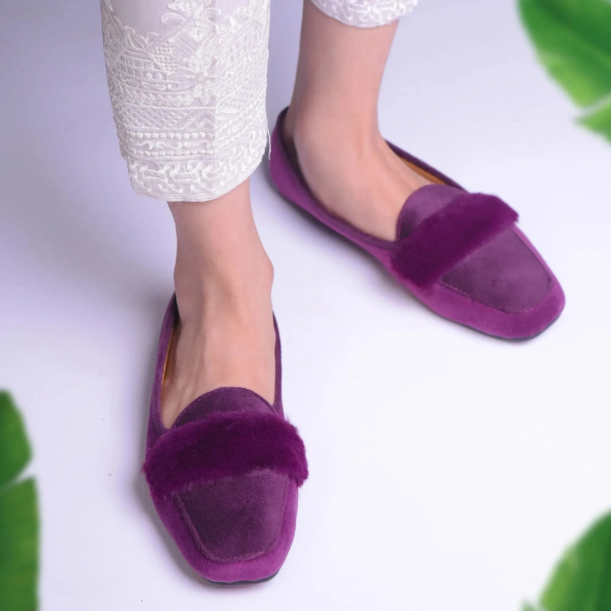 Velvet Fur Loafers Purple